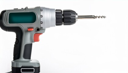Cordless drill with a drill bit against a white background.
