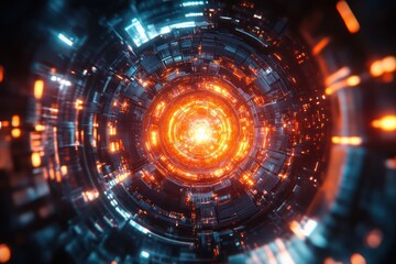 Advanced fusion reactor glowing with energy, surrounded by futuristic technology and intricate design elements