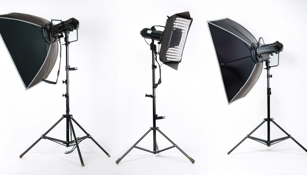 Three photography lighting setups on tripods.