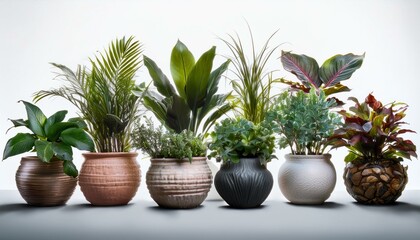 Fototapeta premium Collection of beautiful plants in ceramic pots isolated on white background green interior