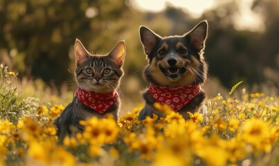 Adorable Cat and Happy Dog Posing Together in a Field of Bright Yellow Flowers with a Warm Background during Golden Hour