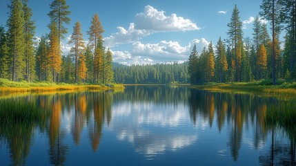 Serene Autumn Lake Reflection in a Pristine Forest