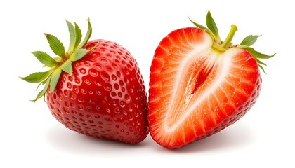 Two fresh ripe strawberries isolated on white background, one whole and one cut in half, showing juicy red flesh and green leaves.