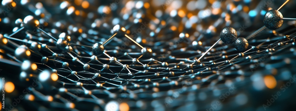 Poster abstract 3d rendering network of connected metallic spheres complex structure technology background