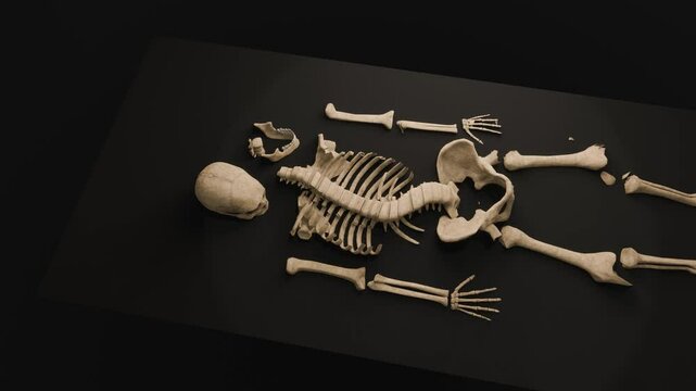3D animation showing a camera zooming out from a skeleton laid out on a table