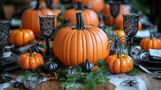 A festive vertical Halloween table setting with pumpkins, black spiders, and gothic decorations, perfect for holiday celebrations and themed parties
