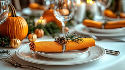 Naklejka premium A festive vertical Thanksgiving table setting featuring a white plate, orange napkin with Thankful text, surrounded by small pumpkins