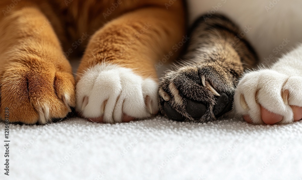 Poster adorable close-up of four cat paws resting together on a soft surface, showcasing a variety of color