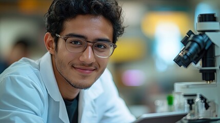 Happy intern or medical student with a tablet for research (medical school concept)