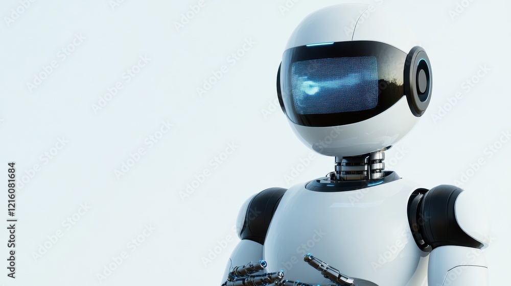 Poster a sleek, futuristic robot with a digital display and articulated limbs, poised in a neutral position