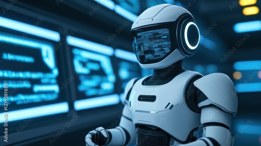 Poster a futuristic humanoid robot stands in a tech environment, illuminated by blue lights and surrounded 