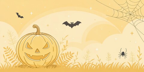 A Festive Halloween Jack-o'-lantern in a Field of Golden Grass with Bats and a Spiderweb