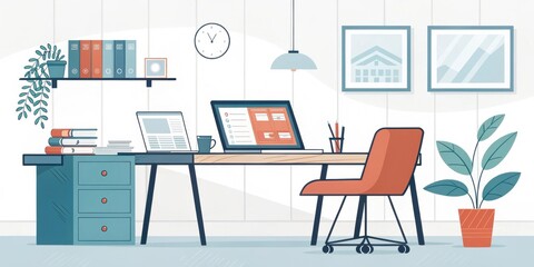 Fototapeta premium A Modern and Organized Workspace Featuring a Desk, Laptop, and Desktop Computer