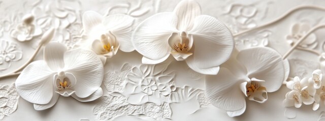 Elegant White Phalaenopsis Orchids on Embossed Floral Background