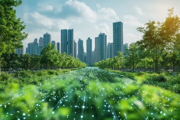 Advanced urban irrigation system with precision water distribution in a green, high-tech environment.