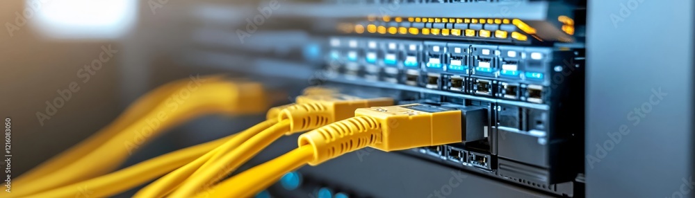 Poster bright yellow ethernet cable connected to a computer, ensuring seamless network connectivity for opt