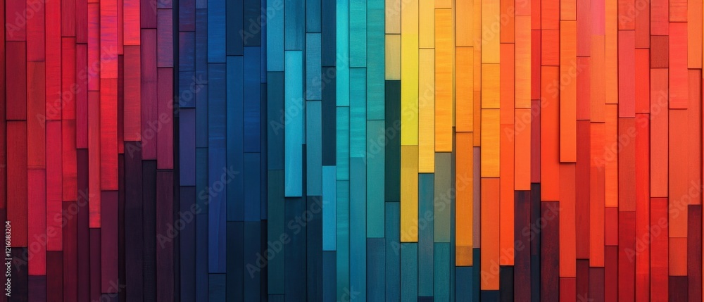 Poster a vibrant, abstract gradient design featuring vertical bars in a spectrum of colors from deep blue t