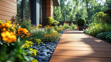 Obraz premium Garden pathway blooming with colorful flowers residential area photography natural environment close-up serenity