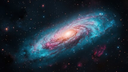 Fototapeta premium A stunning spiral galaxy with vibrant blue and pink hues, surrounded by a starry backdrop, showcasing the beauty of the universe.