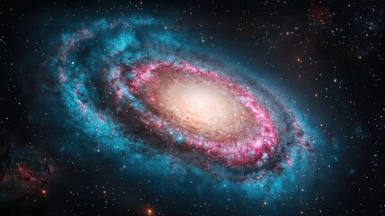 Obraz premium A vibrant galaxy with swirling pink and blue hues, showcasing its spiral arms and bright core against a dark cosmic backdrop.
