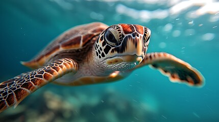 Fototapeta premium Sea turtle swimming underwater, ocean background, wildlife photography, nature conservation