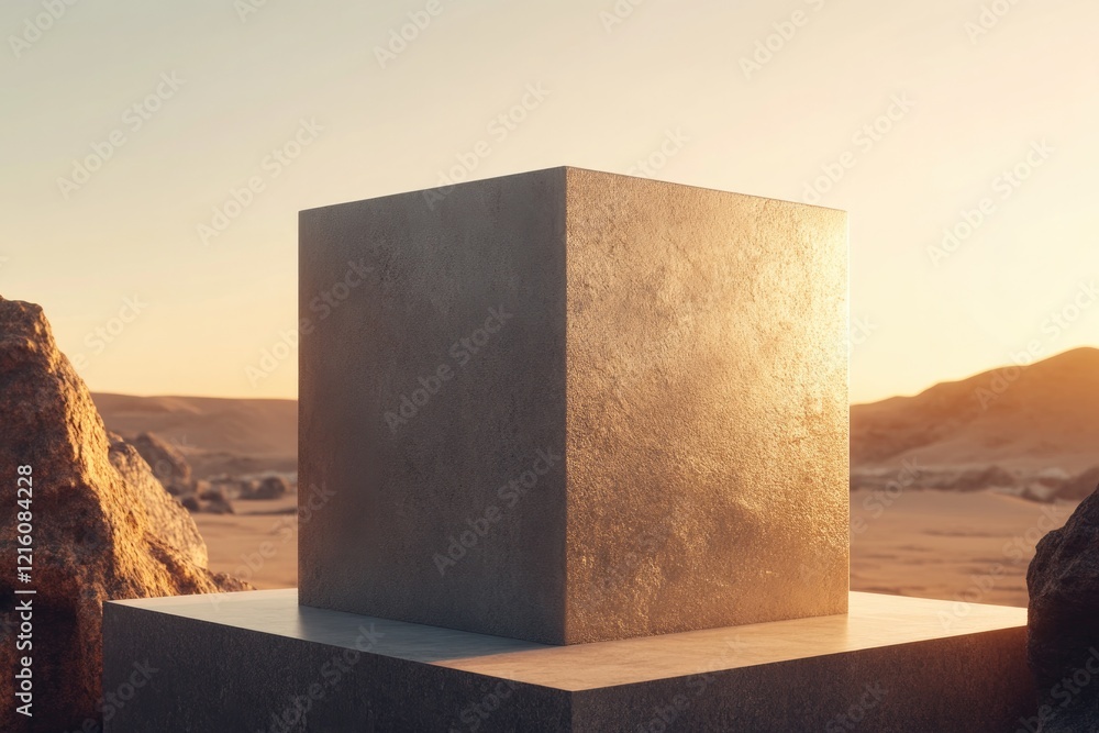 Poster textured podium shaped like cube placed in desert setting with soft golden light highlighting its ed