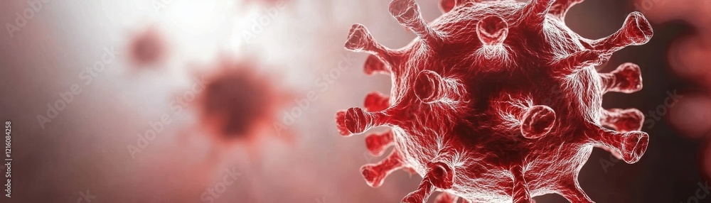 Poster detailed microscopic view of a single virus cell, exploring its structure, function and role in the 