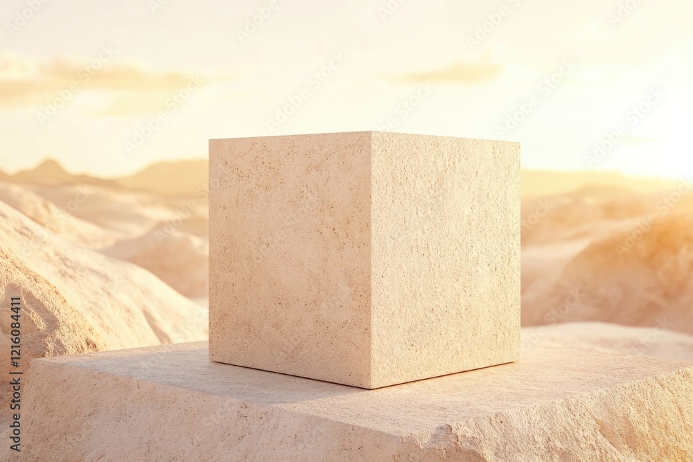 Poster textured podium shaped like cube placed in desert setting with soft golden light highlighting its ed