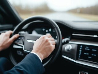 A close-up view of a person driving a modern car, showcasing the steering wheel and dashboard in an urban setting.