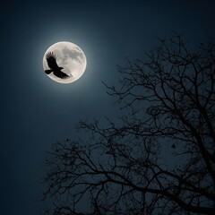 Naklejka premium Picture a crow flying under a full moon, its dark silhouette creating an eerie atmosphere.