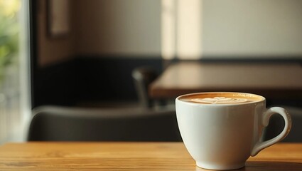 Fototapeta premium A vibrant green matcha latte in a glass cup, swirls of cream on the surface, right side blank with a softly defocused minimalist background,