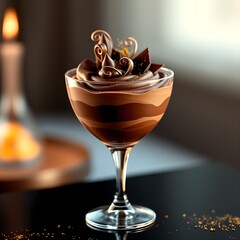 chocolate mousse with chocolate carving on the top looks royal