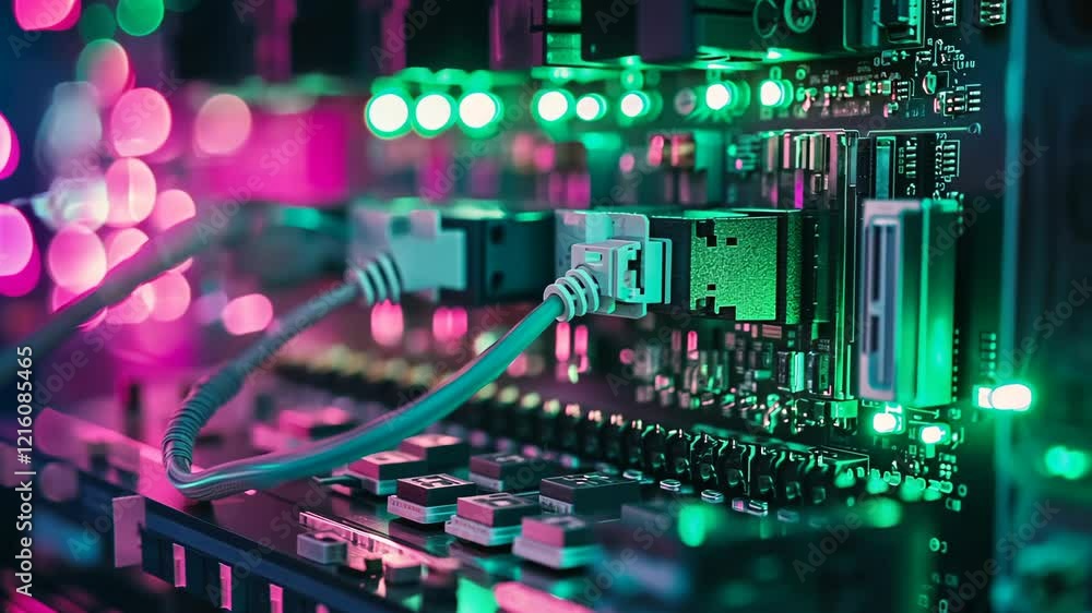 Poster colorful close-up of server components with glowing lights and network cables in a modern data cente