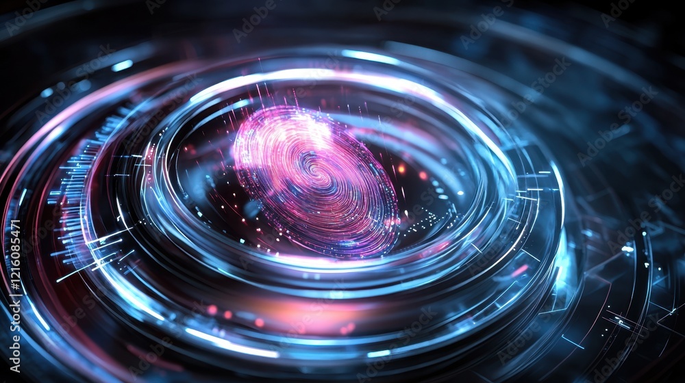 Aufkleber d fingerprint illustration with dynamic glowing lines and high-tech holograms.