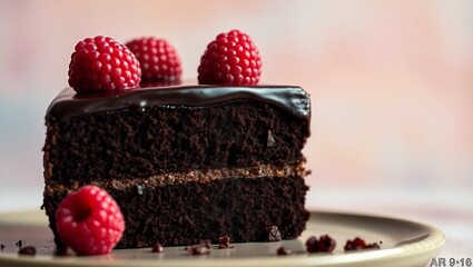 A slice of decadent chocolate cake with glossy ganache and fresh raspberries on top, blank space on the left with a blurred pastel-colored background