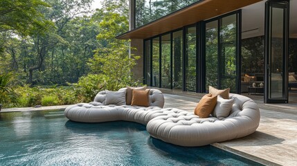 Relaxing outdoor lounge by serene pool modern home lifestyle design tranquil nature wide angle comfort and style