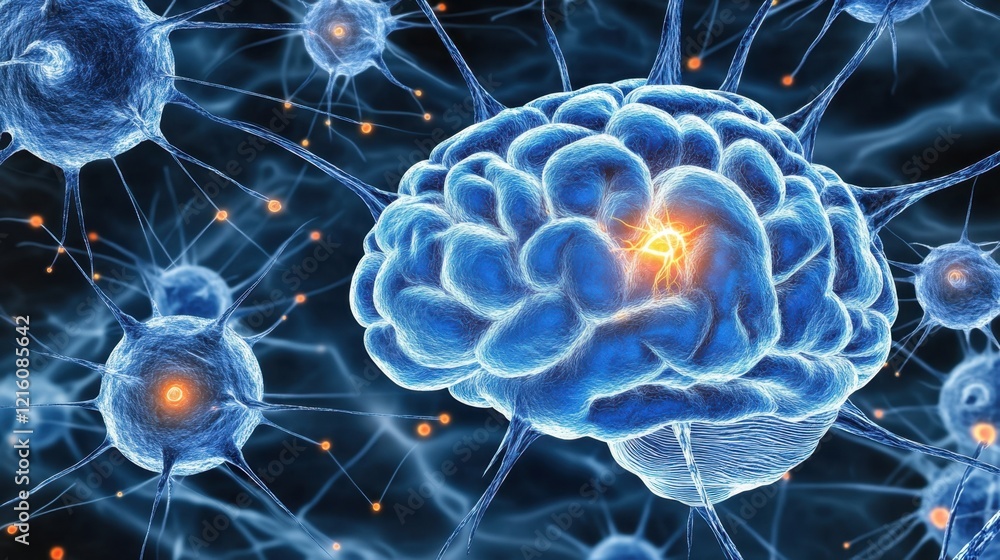 Poster d illustration of an ai brain with glowing synapses floating over a futuristic background.