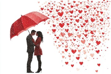a couple sharing an umbrella with heart-shaped rain droplets falling around them, isolated on white background.