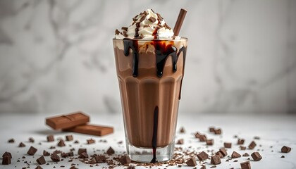  A delicious chocolate milkshake adorned with whipped cream and chocolate chips, presented in an elegant glass.