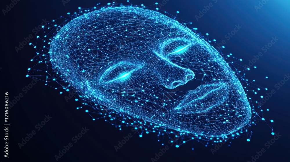 Poster abstract biometric concept with digital data points forming a glowing d human face.