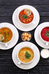 Assorted borscht, pea soup, solyanka and chicken soup