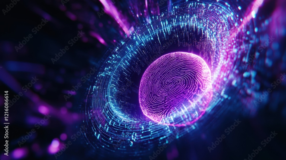 Poster abstract biometric fingerprint scanner glowing in neon blue with futuristic interface and digital da