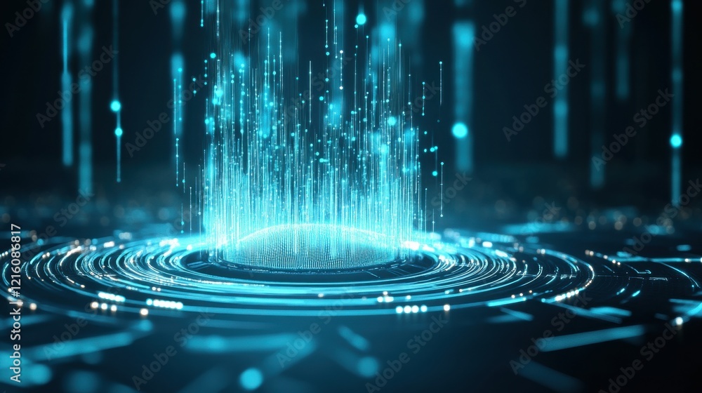Poster abstract biometric fingerprint scanner glowing in neon blue with futuristic interface and digital da