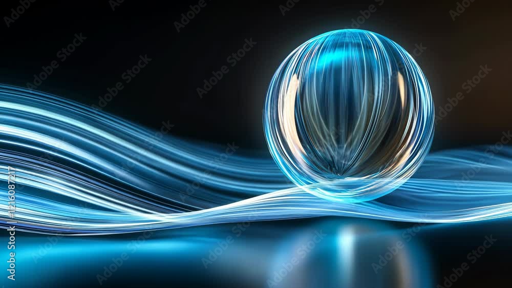 Poster swirling blue light trails surround a glowing orb creating a mesmerizing visual effect in a dark env