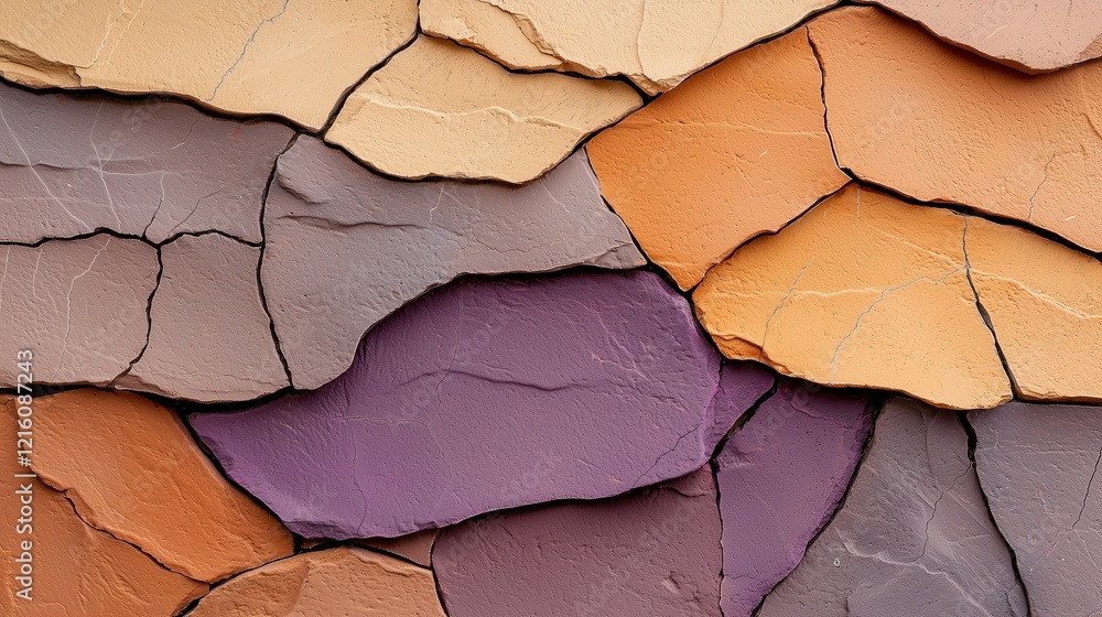 Aufkleber colorful cracked stone wall texture with an array of warm earthy tones, creating an abstract and vis