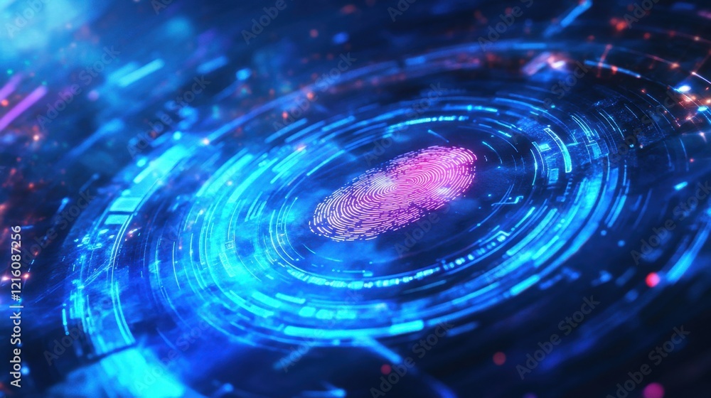 Poster abstract biometric fingerprint scanner glowing in neon blue with futuristic interface and digital da