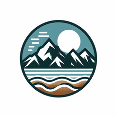 Mountain Beach Silhouette Logo | Adventure Travel Emblem, Scenic Landscape Icon, Tropical Coastline with Mountains and Sunset Design for Outdoor Branding