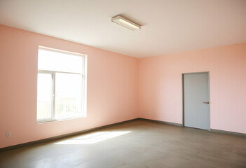 Empty room, pale pink walls, large windows, natural light, white brick texture, grey concrete floor, minimalist space, industrial aesthetic, single metal cabinet, clean lines, spacious interior, bare 