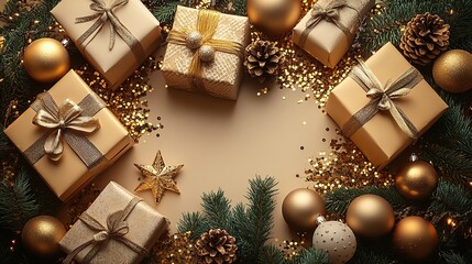 A graceful New Year. wrapped presents, lavish baubles, intricate snowflake ornaments, a shining star, and gold sequins adorning a light beige background, offering space for well wishes.