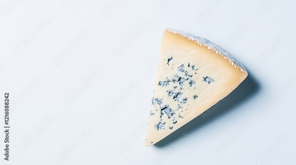 Poster wedge of blue cheese with visible veins placed on solid white background in top-down perspective wit